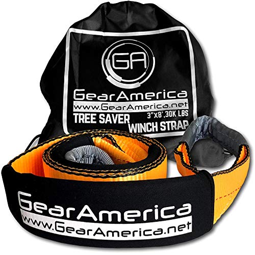 GearAmerica Tree Saver Winch Strap 3" x8' | Heavy Duty 35,000 lbs (17.5 Tons) Strength | Off-Road Towing and Recovery Rope for Jeep or Truck | Reinforced Loops + Adjustable Sleeves + Free Storage Bag