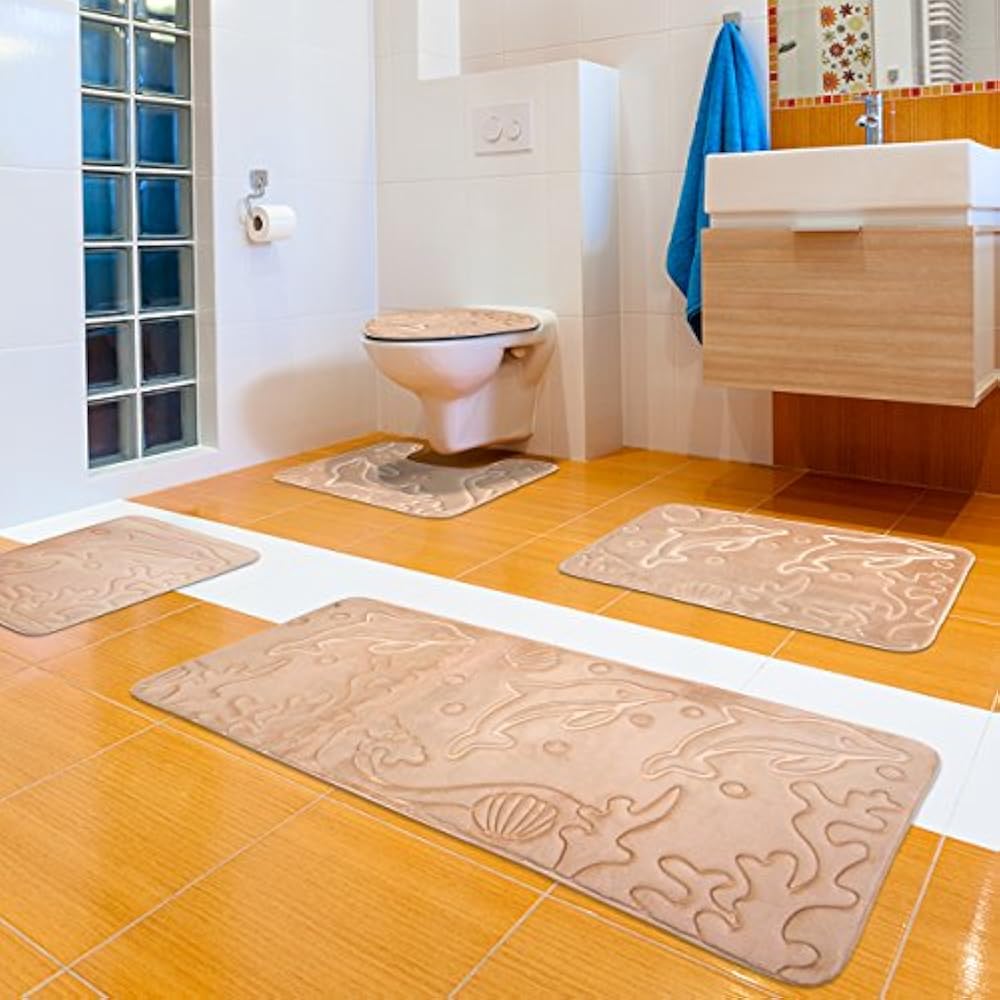5 Piece Bathroom Rugs Set Soft Non Slip Memory Foam Large Mats Beige