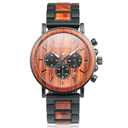 Men's Red Sandalwood Wooden Watches, Wood & Stainless Steel Watch Multi-fuctional Luminous Pointers, Classic Wood Wrist Watch for Men with Bamboo Gift Box