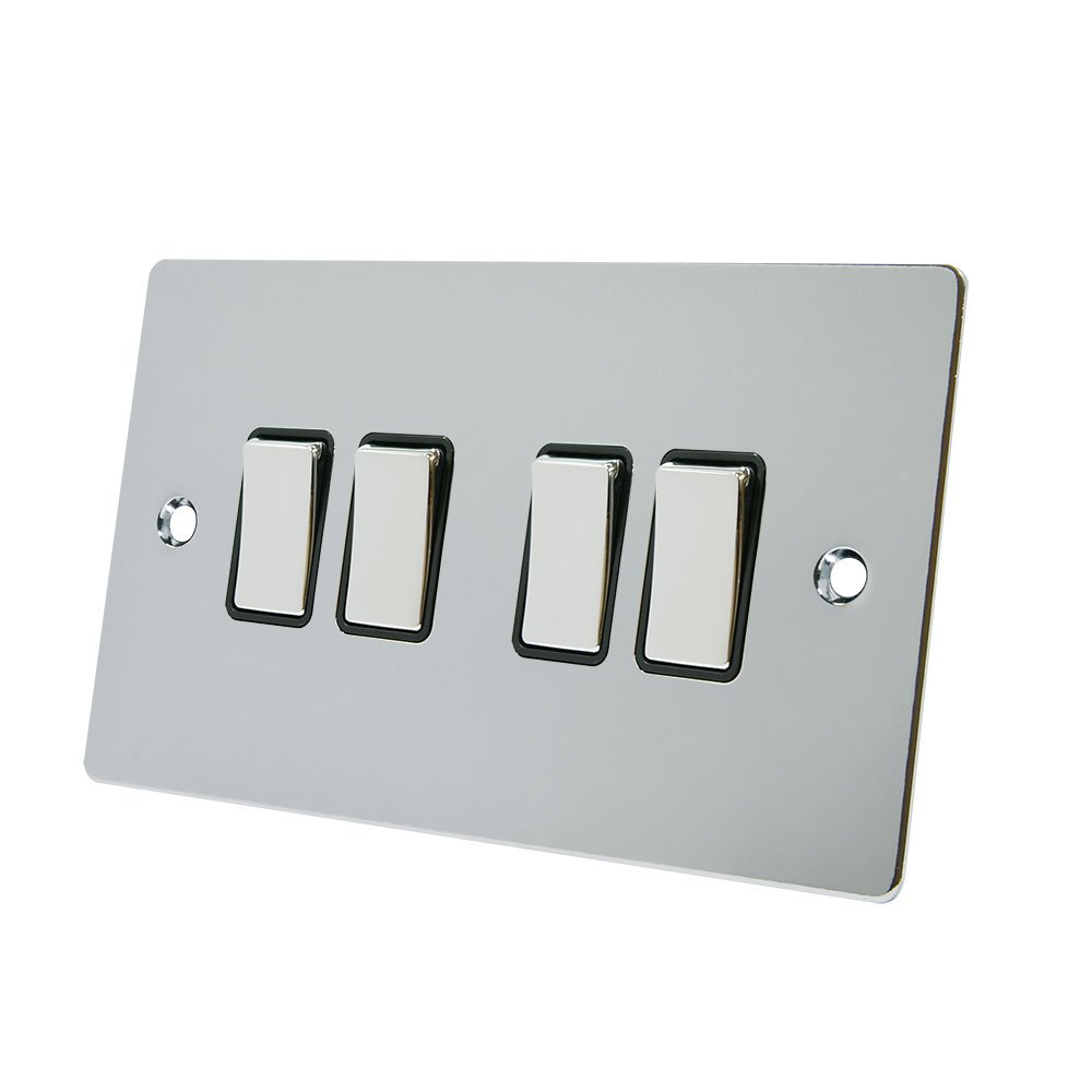 Alliance Electrical FPC4GSWIBC Polished Chrome Flat Black Insert Metal Rocker Switches-10 Amp Quad 4-Gang 2 Way Light Switch, 240 V