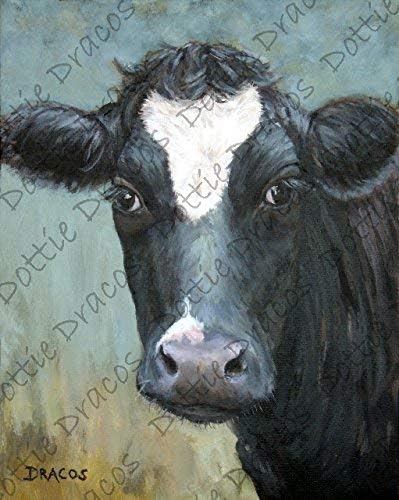 Black Cow Art Print, black with white star on blue green background, dairy cow, Black cow, Print of Original Painting by Dottie Dracos