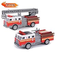 Fire Trucks Toy Vehicle Set, 2 Pack 5" Metal Die-cast Engine Fire Truck with Pull Back Friction and Extending Ladder for Toddler