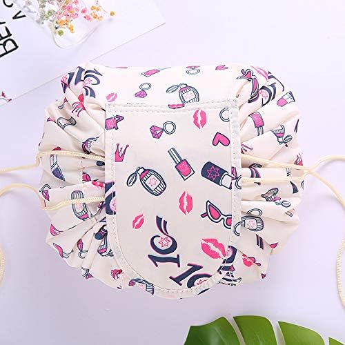 Fashion Drawstring Cosmetic Bag Travel Lazy Makeup Storage Bag Portable&Waterproof Quick Pack Large Cosmetic Bag Dual Magic Bags With Zipper&Drawstrings Brush Holder Carry On Travel (Rice white)