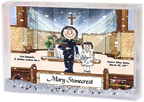 Personalized Friendly Folks Cartoon Snow Globe Frame Gift: Communion, Girl - Female Priest Great for First Communion, ceremony