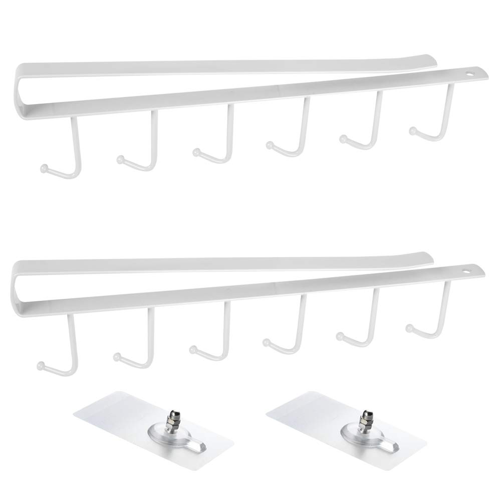 POKIENE 2 Pack Cup Holder Under Cabinet, 6 Hooks Coffee Tea Cup Mug Holder, Mug Holder Storage Holder for Kitchen with 2 Adhesive Screws,Cabinet Storage Hook Rack Under Shelf - White