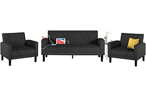 TYBOATLE Modern Living Room Sectional Sofa Sets 3 Pieces, Mid-Century Tufted Linen Fabric USB Loveseat Couch w/ 2 Cupholders and 2 Accent Armchairs for Living Room, Bedroom, Apartment (Dark Gray)