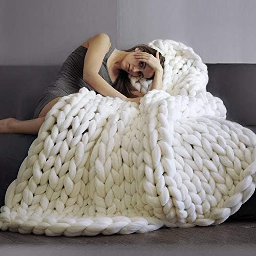 Bulky Arm Knit Chunky Wool Blend Woolen Yarn Blanket Throw Soft Thick Knitting Handmade Gift Sofa Bed 47 inches 59 inches (White, Large)