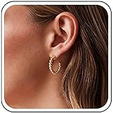 Jugielu Boho Gold Twisted Hoop Earrings Open Twist Rope Earrings Circle C Shape Hoop Earrings Small Thick Round Hoop Earrings Geometric Circle Drop Earrings Jewelry for Women