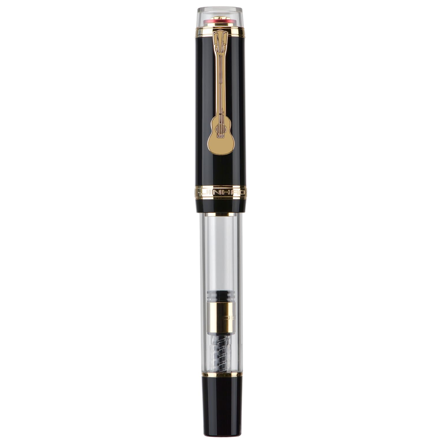 Jinhao 1935 Tiandao Fountain Pen, Size 8 Medium Nib, Golden Guitar Clip, Black and Transparent Acrylic with Converter