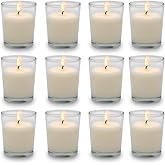 Set of 12 White Votive Candles Clear Glass Filled Unscented Soy Wax Candle for Home Décor Spa Weddings Birthday Holidays Party and DIY