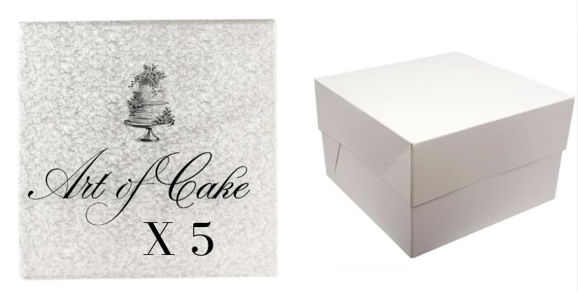 Art of cake -Pack of 5, 6 inch Square 12mm thick cake board (drum board) and box -Pack of 5 silver, The boards are 6 inch x 6inch Square cake board and matching boxes