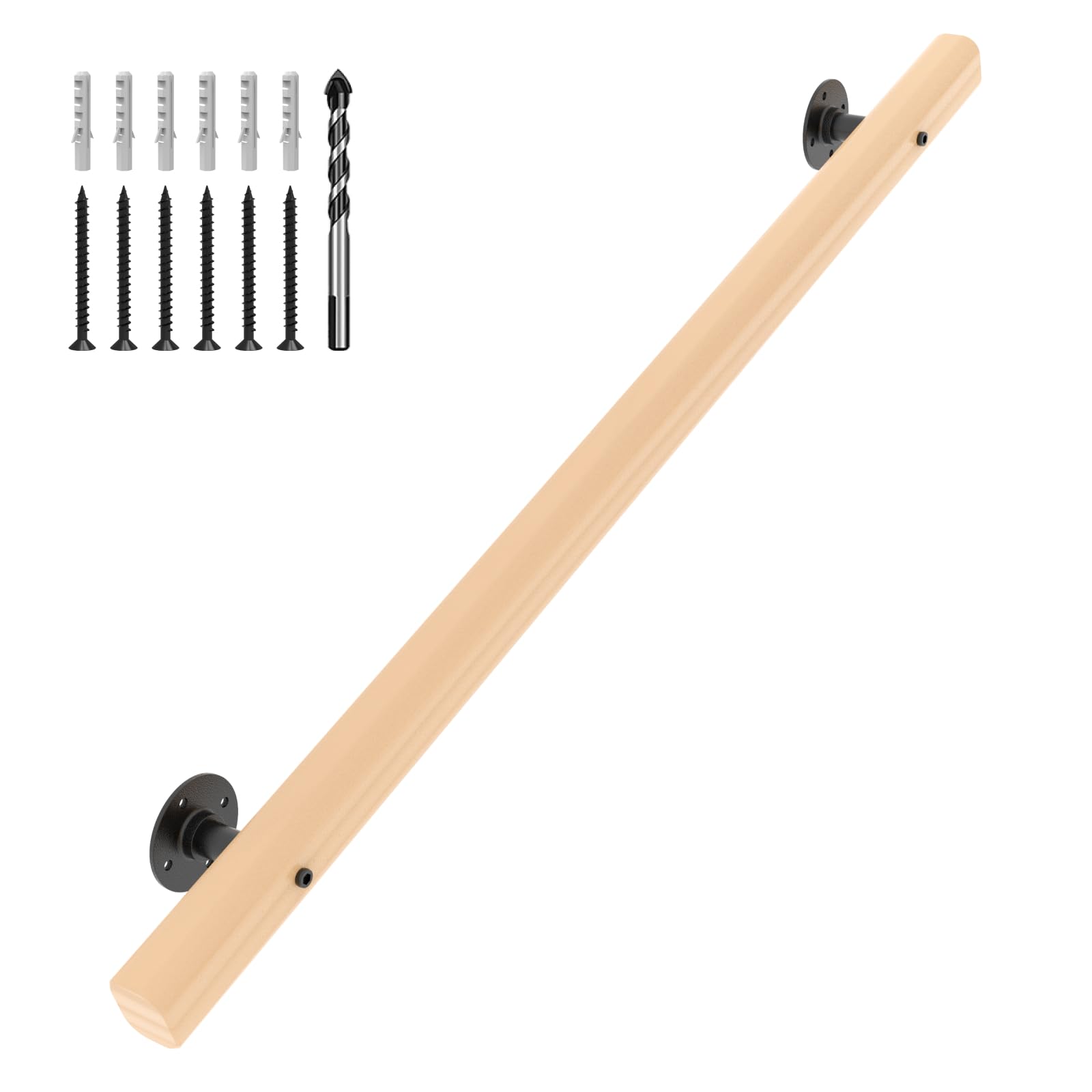 Photo 1 of 3 FT Wood Handrails for Indoor Stairs, Wall-Mounted Staircase Handrails for Indoor Outdoor Stairs, Non-Slip Stair Railing Indoor for Kids, Elderly, Pregnant Women, Disabled