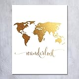 Wanderlust World Map Gold Foil Art Print Travel World Traveler Poster Modern Art Contemporary Metallic Wall Decor 5 inches x 7 inches A4