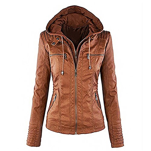 Softmusic Women Winter Long Sleeve Slim Hooded Coat Warm Casual Zipper Jacket Outwear Brown M