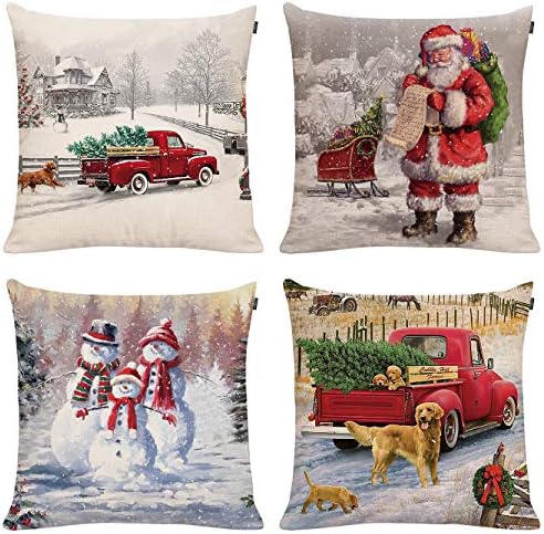 GTEXT 4 Pack Christmas Throw Pillow Cover Holiday Decor Farmhouse Chrismtas Pillow Cover Cuhion Cover Case for Couch Sofa Home Decoration Pillows Linen 18 X 18 Inches