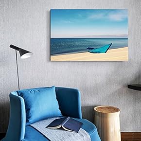 Canvas Wall Art - Blue Boat on The Beach Under Clear Sunny Sky - Giclee Print Gallery Wrap Modern Home Art Ready to Hang - 12" x 18"