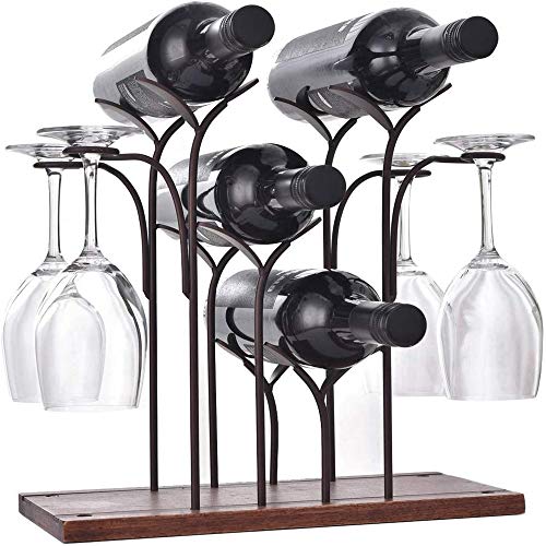 DCIGNA Freestanding Metal Wine Rack With Glass Holder, Wood Tabletop
