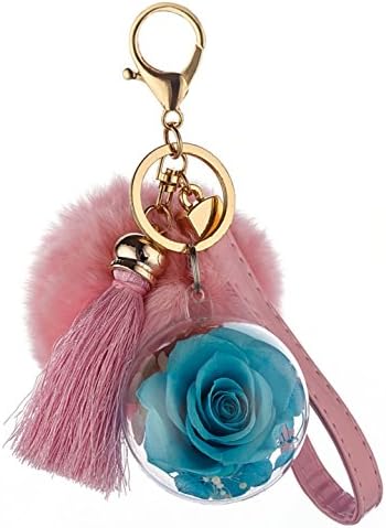 Fresh Rose Keychain Handbag and Purse Charm with Tassels and Rabbit Fur Pom Pom