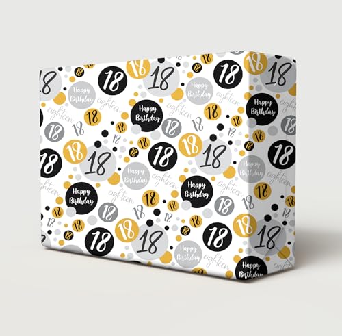 4 Sheets + 4 Gift Tags 18th Birthday Wrapping Paper Age 18 Birthday Gold Black Silver Giftwrap For Male and Female (PA)