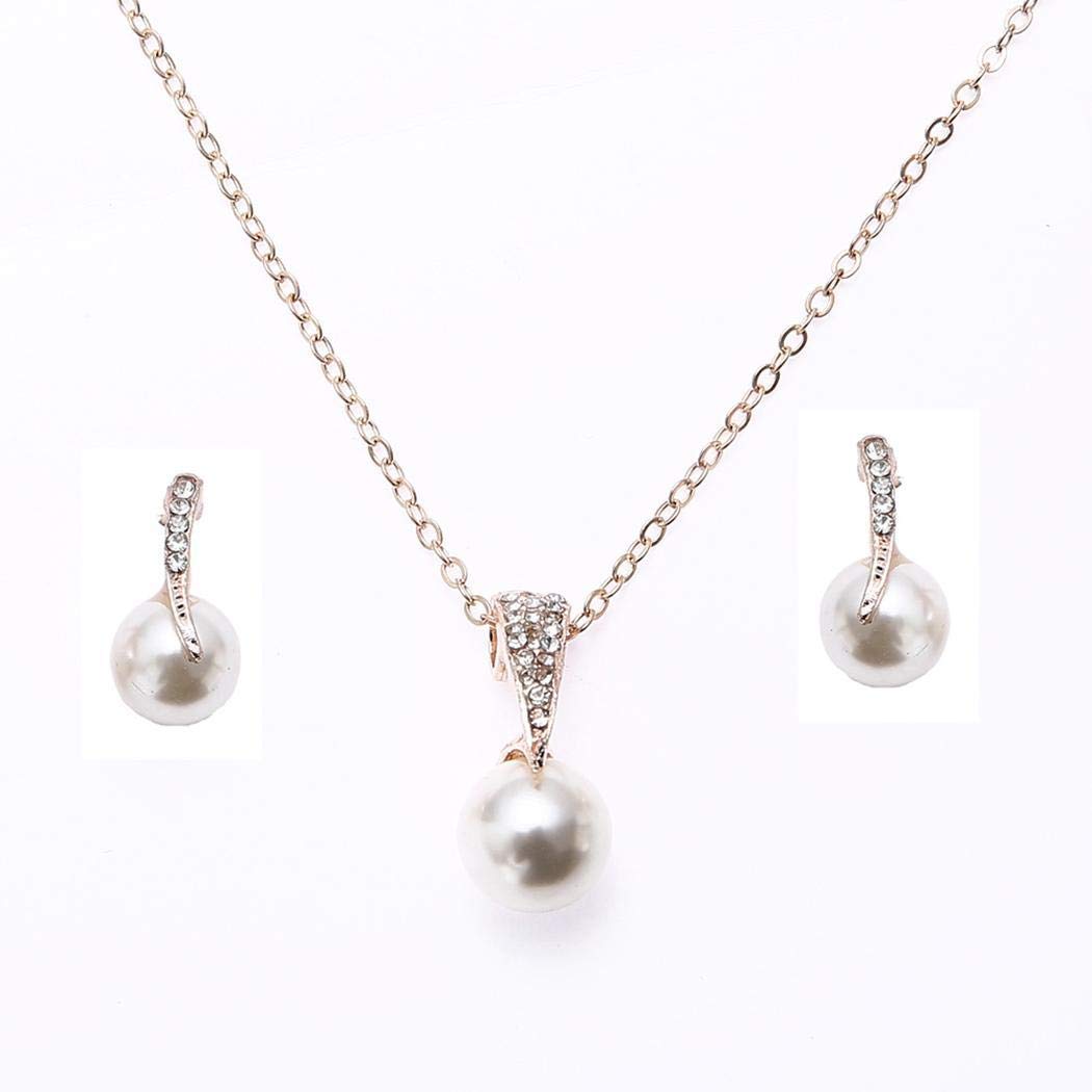 Yerflew Women Ladies Fashion Jewelry Sets Pearl Pendant Necklace Earrings Set Wedding Party Accessories
