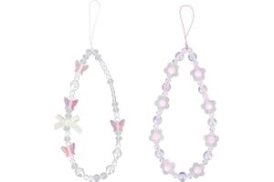 2pcs Beaded Phone Case Bracelet Strap, Crystal Butterfly Flower Pearl Phone Chain Beaded Wrist Strap Cute Keychain Charm Acce