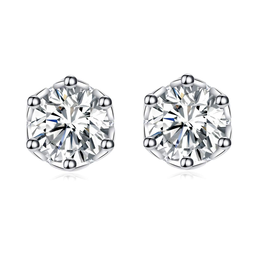 PRETTERY 925 Sterling Silver Stud Earrings for Women, Round Clear AAA Cubic Zirconia White Gold Plated Hypoallergenic Crown Stud Earrings