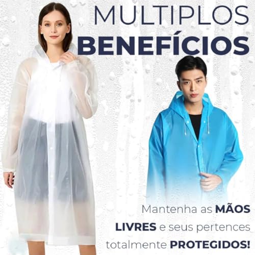 Capa de Chuva Adulto Unissex EVA Branco Transparente com Capuz Ajustável Impermeável Reutilizável Shows Parques Viagens Passeios Poncho Masculina Feminina