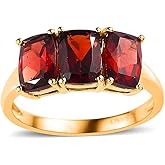 3 Stone Garnet Rings for Women in 925 Sterling Silver with 14K Gold Plating - January Birthstone Promise Engagement Ring Vintage Red Garnet Jewelry Valentines Day Gifts for Womens