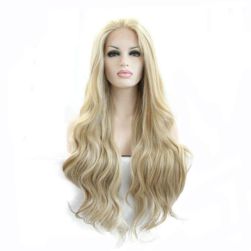 Long Wavy Wigs for Women Ombre Curly Pre Plucked Natural Hairline Synthetic Lace Front Wig Heat Resistant Fiber Hair Replacement Wigs for Daily Party Halloween Use (Highlight Blonde)