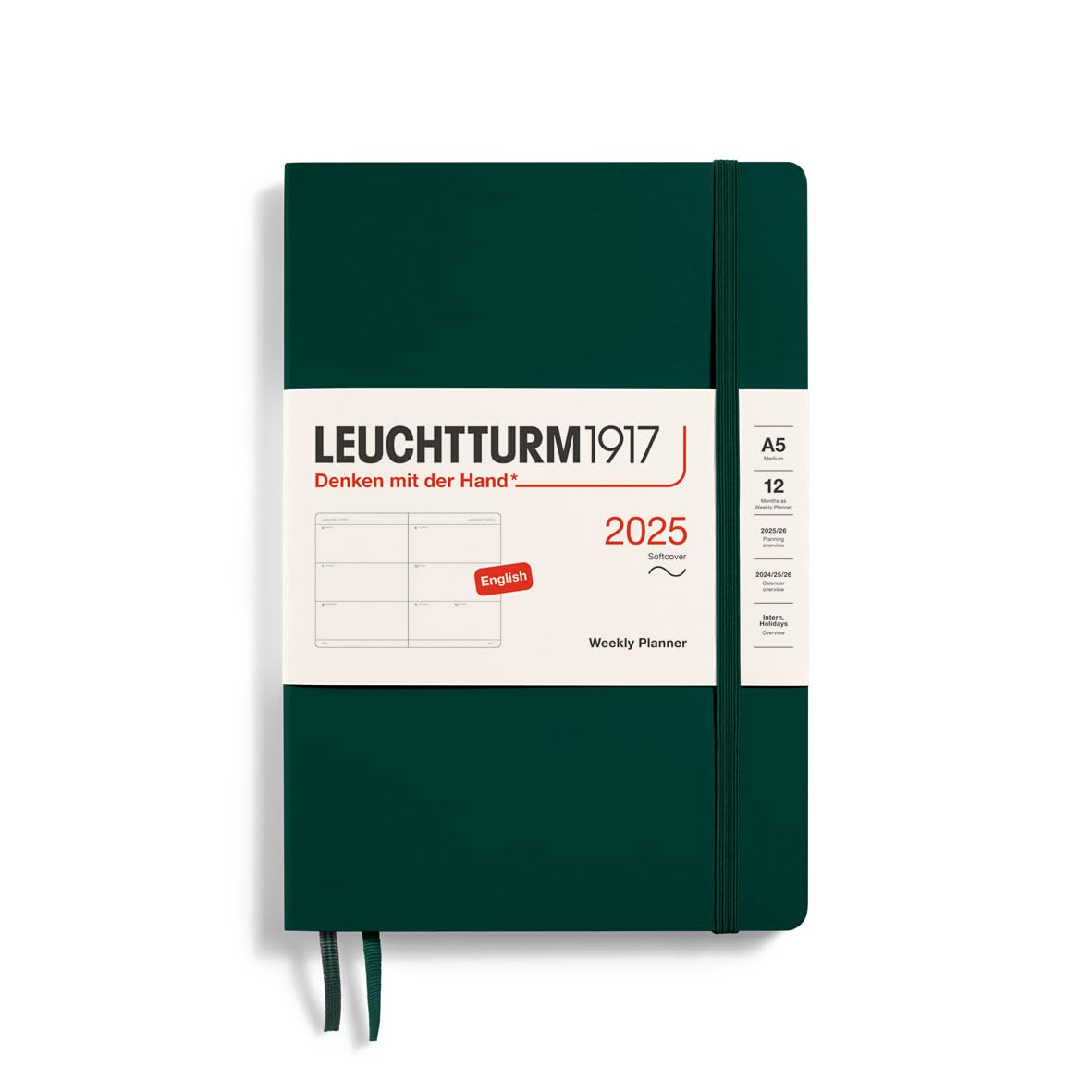 LEUCHTTURM1917 370789 Weekly Planner 2025, Medium A5 Softcover, 12 Month Planner, Lined - Forest Green, English