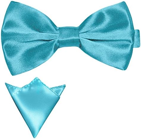 GASSANI Turquoise Men's Shiny Satin Pretied Adjustable Bow Tie &amp; Pocket Square