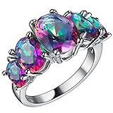 FENDINA Womens Silver Plated Gorgeous Five Stone Colorful CZ Crystal Promise Engagement Wedding Bands Eternity Collection Anniversary Rings for Her Valentin's Day Gifts