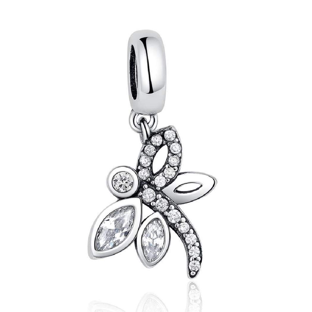 FeatherWish Dragonfly 925 Sterling Silver Charm Insect Animal Beautiful Crystal Wings With Cubic Zirconia Compatible With Pandora Bracelet Or Necklace