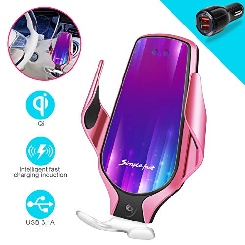 Smart Sensor Wireless Car Charger Mount, Automatic Clamping QC/QI 10W Fast Charging Car Charger Holder Compatible with iPhone 11/Xs/Xs Max/XR/X /8,Samsung Galaxy Note 9/ S9/ S9+/ S8 etc(Pink)