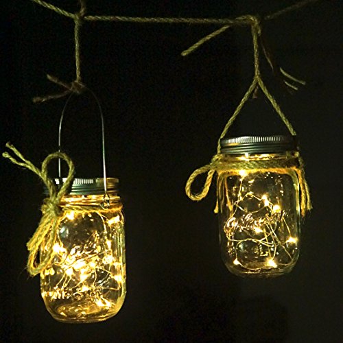 Mason Jar Lids Solar Light,6 Pack 20 LED Solar Lanterns String Fairy Star Firefly Jar Lights,6 Hangers 16 Feet Hemp Rope Included(No Jar),Mason Jar Decor,Garden Decor Lights,Solar Lantern,Table Lights