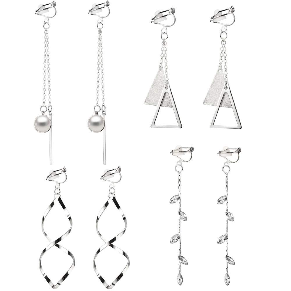 Elicola 4 Pairs Clip On Dangle Earrings, Not Pierced Bar Pearl Triangle Leaves Twisted Drop Dangle Earrings Set for Womens, Silver