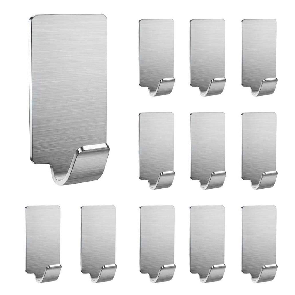 Koksi No Drill Hooks Stainless Steel Self-Adhesive Hanger, Use in Kitchens, Bathrooms, Hallways for Coats, Towels, Hats, Robes (12 Metal Hooks)