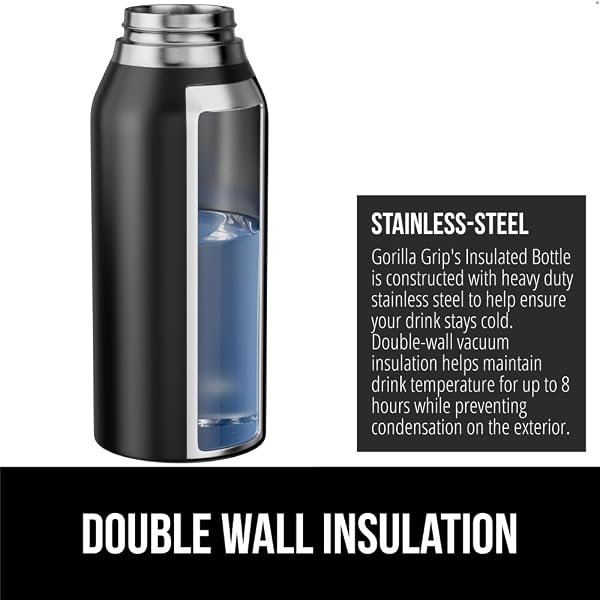 GORILLA GRIP HEAVY DUTY INSULATED WATER BOTTLE, 40 OZ, LEAKPROOF FLIP STRAW, STAINLESS STEEL WALL KEEPS DRINK COLD UP TO 8 HOURS, DENT RESISTANT TUMBLER, BPA-FREE TRAVEL BOTTLES, DISHWASHER SAFE BLACK