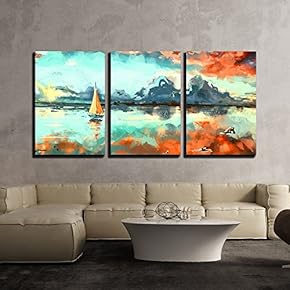 3 Piece Canvas Wall Art - Digital Painting of Boat in The Ocean at Sunset. Rastr Stock Llustration - Modern Home Art Stretched and Framed Ready to Hang - 16"x24"x3 Panels
