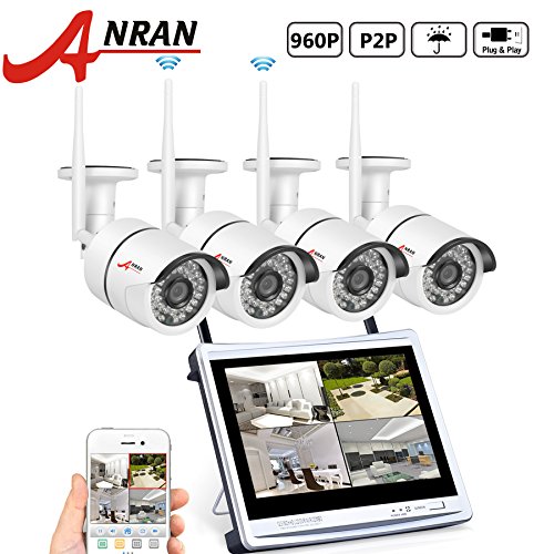 ANRAN 4CH WIFI NVR with 12" Monitor Wireless Security Camera System with 4 Waterproof 960P Outdoor 36IR Night Vision IP Video Surveillance Camera Plug and Play No Hard Drive