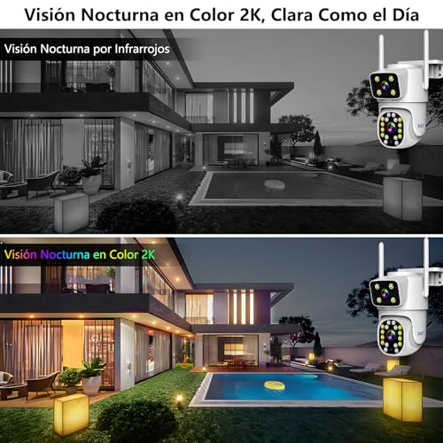 2NLF 8MP Cámara de Seguridad Exterior con Doble Lentes, Cámara Seguridad WiFi Inalámbrica con Visión de 360°, Detección de Movimiento, Visión Nocturna a Color y Audio Bidireccional, 2 Piezas
