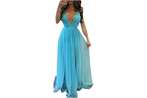 Aniywn Women Sexy Deep V Neck Sleeveless Long Halter Party Dress Mesh Sheer Wedding Maxi Dress