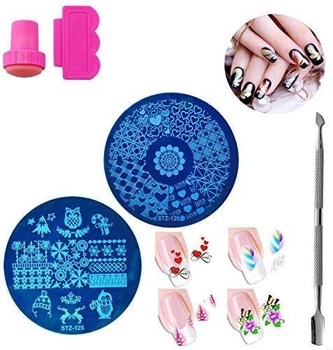 Nail Stamping Kits Set:2PC Nail Art Stamping Plates Stamper Template Stencils Tools,1PC Clear Nail Scraper & Cuticle Pushers Equipment, 4PC Nail Stickers Decals (AABB012A)