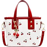 Cherry Leather Tote Bag – Cute Y2K Shoulder Purse for Women, Red Designer Handbag with Top Handle, Fruit Print Clutch Satchel