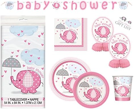 Umbrellaphants Girl Baby Shower Party Supplies Set - Pink Elephant Design - Plates, Cake Plates, Cups, Napkins & Decorations (Deluxe - Serves 16)