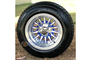 GOLF CART TIRE SUPPLY 10" PHOENIX BLUE/MACHINED WHEELS AND 205/50-10 LOW PROFILE DOT TIRES COMBO - SET OF 4 (Standard Lugs (EZ-GO, Club Car))