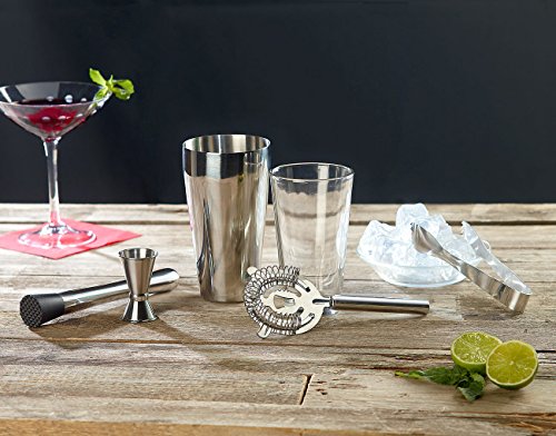 Rosenstein & Söhne Cocktail Shaker: Boston-Cocktailshaker-Set aus Edelstahl mit Glas, 6-teilig, 0,8 l (Cocktail Set) – Bild 8