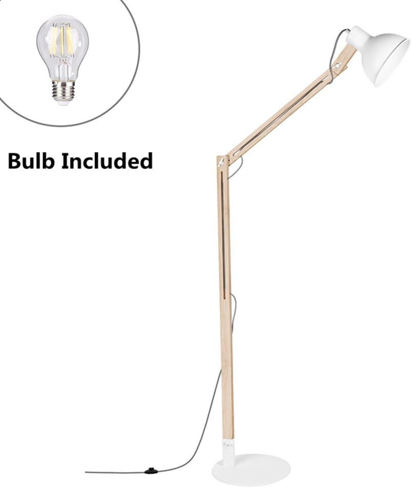 Viugreum LED Wood Floor Lamp,Solid Ash Wood,Adjustable Arm Reading Light 57.8" Height, E26 8W Warm White Led Bulb Inside (60W MAX),Suitable for Office Living Reading Study Room-White, Ship from USA
