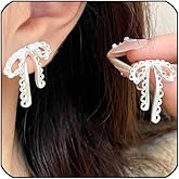 Dainty White Bow Earrings for Women Cute Crystal Heart Ribbon Stud Earrings Lightweight Hollow Lace Bowknot Drop Earrings Trendy Jewelry Presents