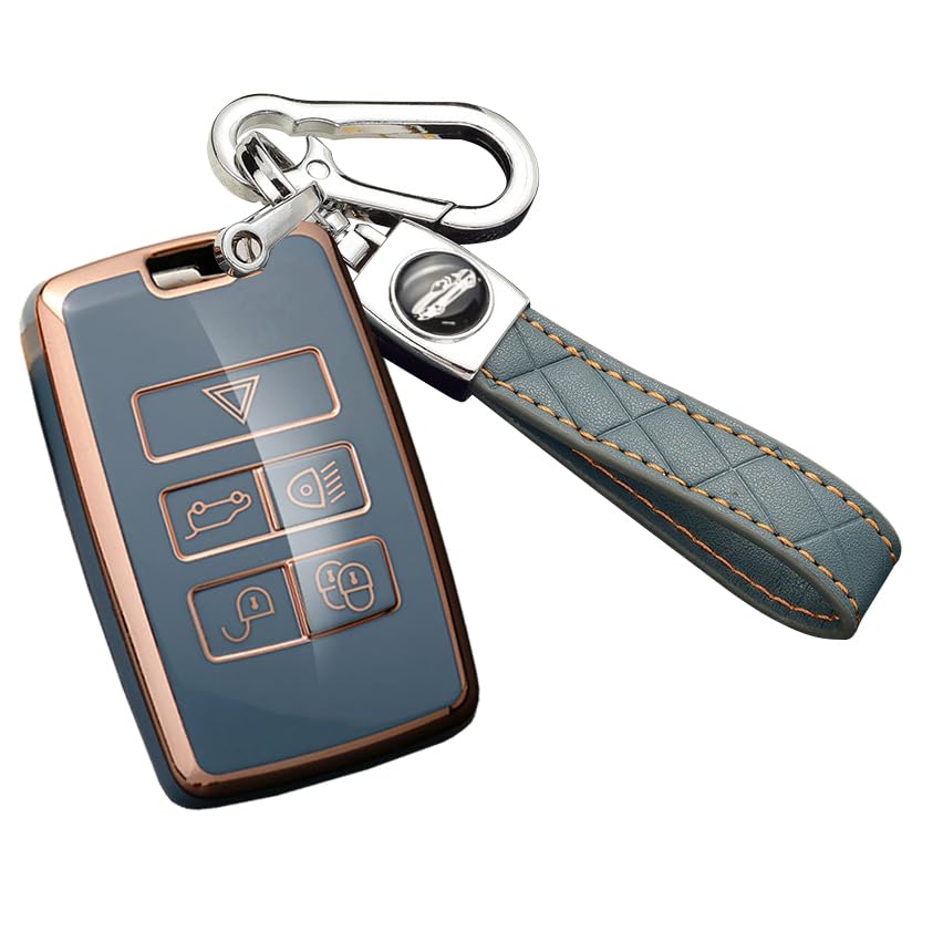 HIBEYO Smart Car Key Case Fits Protective Case Key Cover TPU for Jaguar XE XF XJ Range Rover Sport Evoque Velar Smartkey Keychain Remote Key 5 Buttons (B Grey Blue)